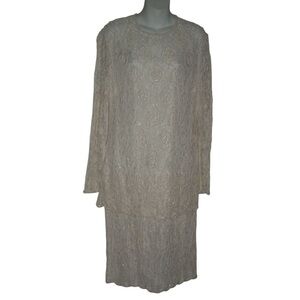 Adrianna Papell Boutique Dress Vintage 90's Beaded Pearl Lace Flapper Cottage Di